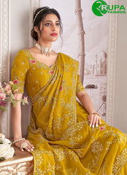 Adorable Mustard Color Tissue Zari Fabric New Designer Wedding Wear Saree